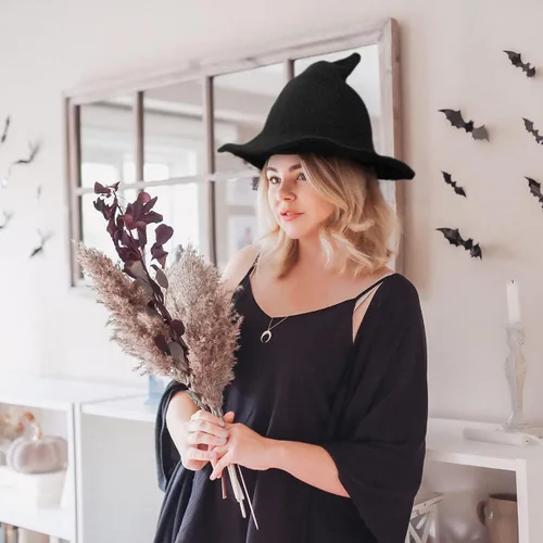 Vista 4 de FekeyJF - Sombreros de lana de bruja para mujer accesorio para disfraz de fiesta de Halloween
