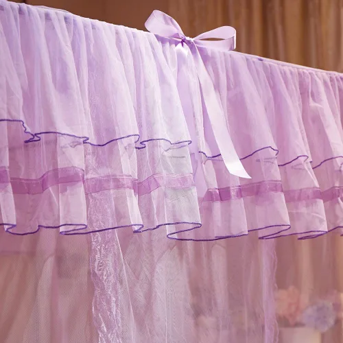 Vista 5 de Mosquitero para cama con detalles de encaje. Mosquitero de lujo mosquitero de cuatro esquinas para cama princesa, para interior o exterior Morado