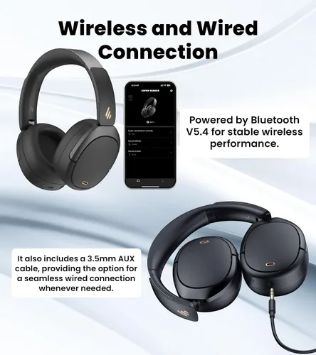 Vista 7 de Edifier W80 - Auriculares de diadema con cancelación activa de ruido de -49dB, LDAC de alta resolución con cable e inalámbricos, llamada clara AI