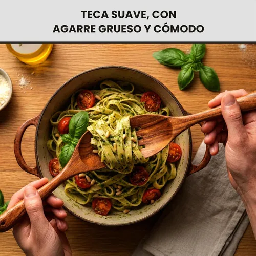 Vista 7 de Zulay Kitchen Juego de 5 cucharas de madera extragrandes - Utensilios de cocina de teca lisa - Cucharón, espátula, espumadera, tenedor, cuchara