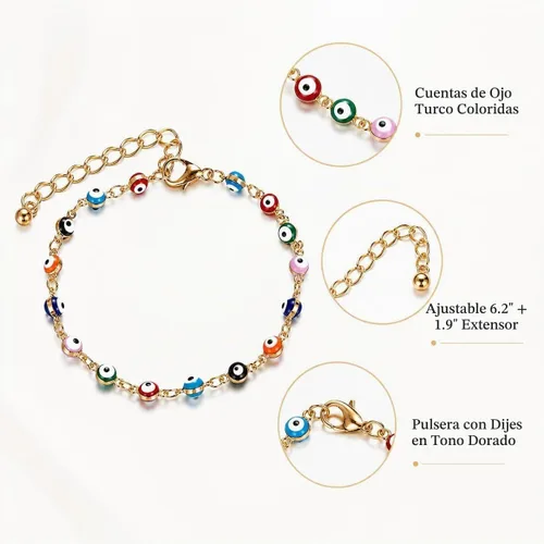 Vista 5 de choice of all Pulseras contra el mal de ojo azul, joyería Ojo Hamsa, delicadas pulseras de eslabones dorados para mujer, protección turca