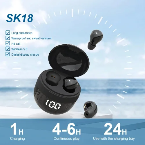 Vista 7 de SK18 Auriculares intrauditivos ultra pequeños inalámbricos invisibles más pequeños auriculares Bluetooth para dormir cómodos con micrófono y aptos