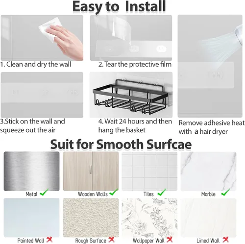 Vista 7 de Liuoud Shower Caddy 5 Pack XL-Size Adhesive Stainless Steel Organizer XL Capacity, With Strong Adhesive, Rustproof, No Drilling Wall Mount Shelvs