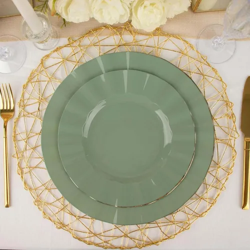 Vista 102 de Tableclothsfactory Paquete de 10 platos redondos de plástico negro de 6 pulgadas para ensalada de postre, platos desechables con borde ondulado
