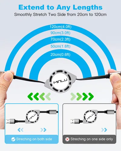 Vista 4 de Cable de carga múltiple 3A, [2 unidades de 4 pies] cable de carga múltiple retráctil 3 en 1, cable de carga rápida, adaptador de cargador USB C