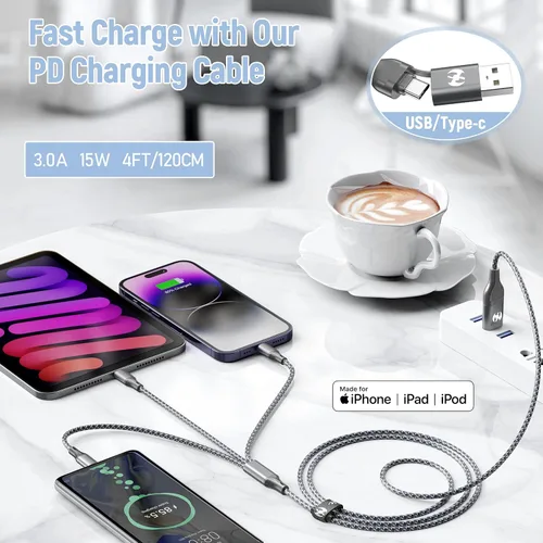 Vista 2 de Cable de carga múltiple de 4 pies, paquete de 3 cables trenzados 3 en 1 con certificación MFi de Apple