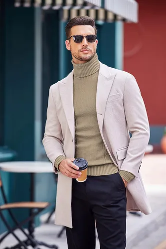 Vista 4 de COOFANDY Suéter de cuello alto ajustado para hombre, suéter de punto trenzado casual