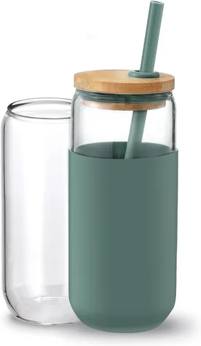 Vista 11 de Vaso de agua de vidrio de 20 onzas con funda protectora de silicona - Vasos de vidrio tipo lata de cerveza con pajita y tapa de bambú, vasos