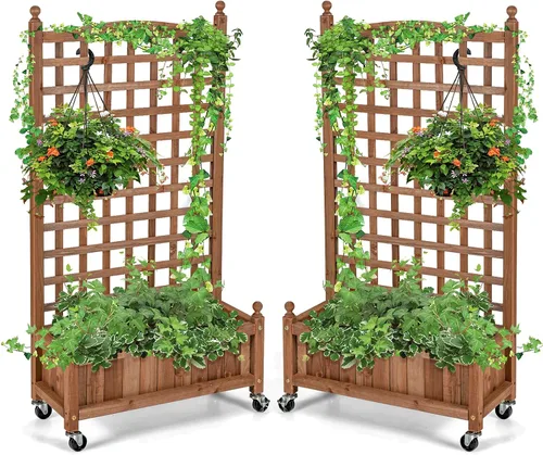 Vista 10 de Giantex Cama elevada móvil para plantas, maceta de madera con enrejado y ruedas, caja de flores para escalada de plantas, jardín vertical