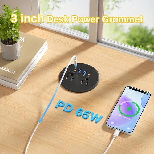 Vista 2 de Ojal de alimentación de escritorio USB-C PD 65W, 2 tomacorrientes 4 puertos Negro USB-C 65W