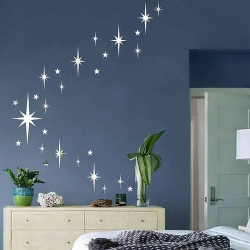 Vista 10 de Pegatinas de pared de espejo con estrella dorada, calcomanías acrílicas 3D removibles con estrellas adhesivas, espejo de estrella en explosión