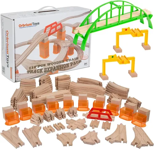 Vista 5 de Paquete de expansión para vías de tren Orbrium Toys, 56 piezas de madera con túnel, compatibles con el juego de ferrocarril de madera Thomas Brio
