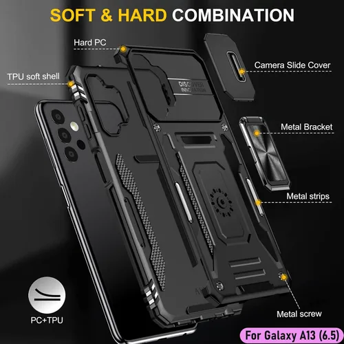 Vista 3 de Funda resistente para Samsung Galaxy A13 (5G), protector de parachoques de goma de doble capa de grado militar con protector de cámara deslizante