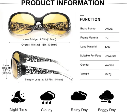 Vista 4 de LVIOE Gafas de conducción de visión nocturna envolventes antirreflejos con lente amarilla polarizada para mujer