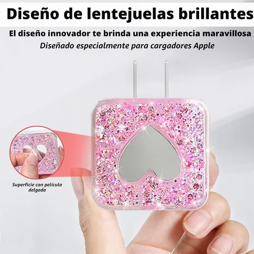 Vista 3 de Protector de cable compatible con cargador de iPhone de Apple con espejo, bonito diseño de corazón de amor con purpurina, funda USB de línea de Rosa