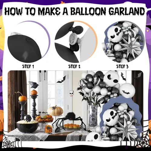 Vista 7 de Kit de arco de globos de Halloween, globos de esqueleto blanco y negro para decoración de Halloween, guirnalda de globos con estrella de explosión