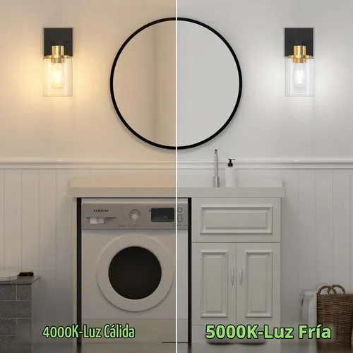 Vista 5 de Licperron Juego de 2 apliques de pared negros y dorados con pantalla de vidrio transparente, accesorios de luz de tocador mate negros, luces