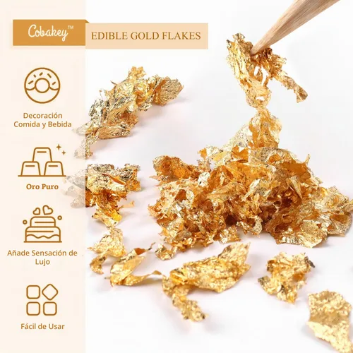 Vista 4 de Cobakey - Hojas de oro comestibles genuinas en copos - 50 mg de copos de oro comestibles para decoración de pasteles