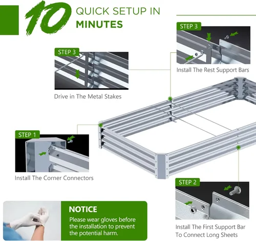 Vista 3 de PETNOZ - Kit de cama de jardín elevada galvanizada de 8 x 4 x 1 pies, cajas de jardín elevadas de fácil instalación rápida al aire libre con estaca