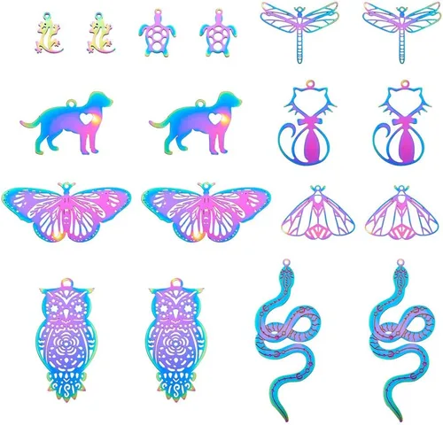 Vista 27 de FASHEWELRY 50 piezas de conectores de filigrana de mariposa de acero inoxidable, adornos de metal grabados con arco iris para fabricación de joyas