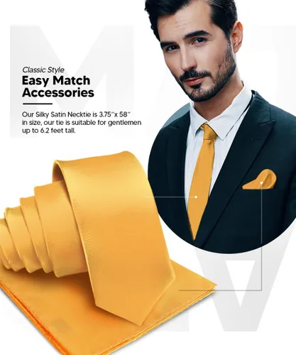 Vista 6 de Juego de corbata de satén sólido y pañuelo de bolsillo para hombre, conjunto de corbata a juego para hombre Ámbar