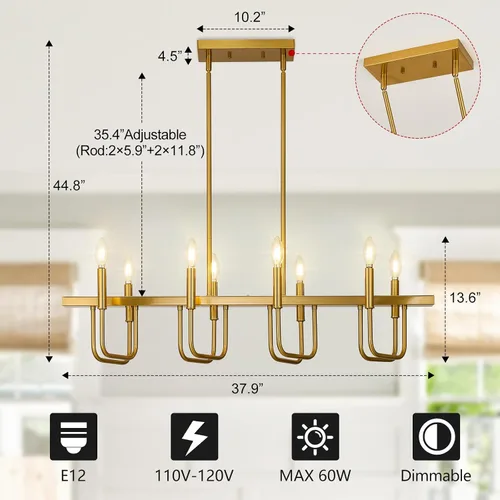 Vista 4 de Lámparas de comedor rectangulares sobre la mesa, candelabros lineales para comedor, candelabro moderno de 8 luces en oro cepillado, luces de isla