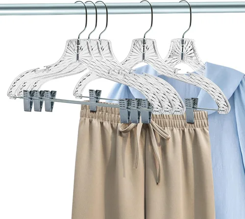 Vista 4 de Perchas de plástico transparente de calidad para faldas, paquete de 12 piezas con corte de cristal para faldas, pantalones, vestidos, trajes Crystal