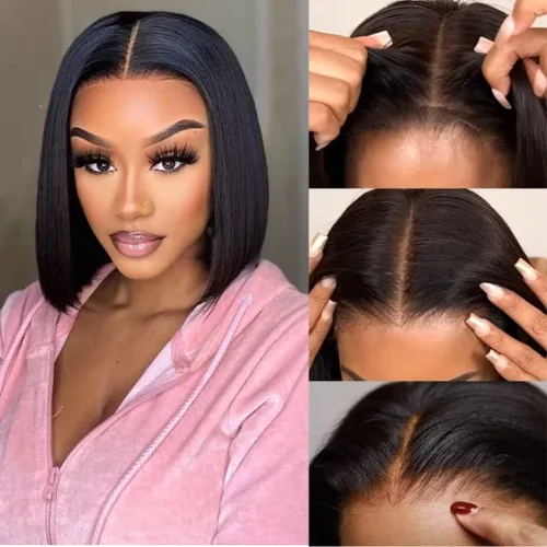 Vista 20 de UNICE Yaki Peluca Bob Recta de Cabello Humano con Cordón Adiós Nudos Sin Pegamento 7x5 Pelucas Frontales de Encaje de Cabello Humano Pre Desplumadas