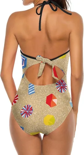 Vista 4 de Umbrellas and Windsurf Board Women's One Piece Swimsuits V-Neck Bathing Suits Open Back Beach Swimwear