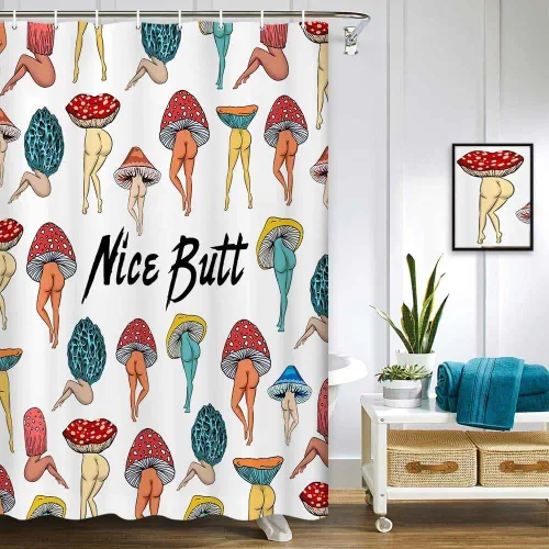 Vista 11 de Divertida cortina de ducha con trasero de hongo, divertida y sexy, de los años 70 y 80, cortinas de ducha de tela para baño, hippie, psicodélico