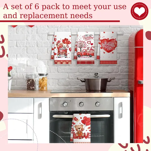 Vista 6 de Patelai 6 toallas de cocina para el día de San Valentín, corazones rojos, a cuadros, camión, té, baño, vacaciones, platos, 21.3 x 14.3 pulgadas
