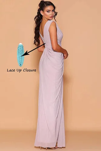 Vista 4 de GOEBAODEEN Vestidos largos de dama de honor con cuello en V para boda, vestido de noche formal de gasa plisada con abertura alta