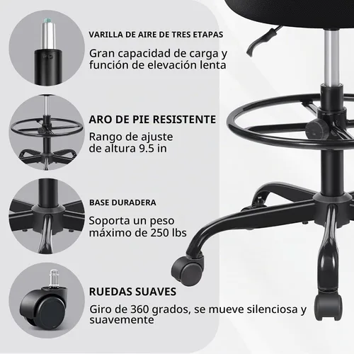 Vista 4 de Primy Silla Alta de Escritorio de Dibujo - Sin Brazos, Altura Ajustable, Respaldo de Malla, con Ruedas, Silla de Escritorio de Pie para Sala de Negro
