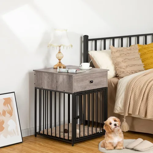 Vista 6 de HOOBRO Muebles de jaula para perros, casa de madera para perros, perrera decorativa con cajón, mesa auxiliar de jaula de interior para perros