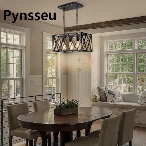 Vista 2 de Pynsseu - Iluminación colgante para isla de cocina industrial, rectangular, estilo vintage rústico, lámpara colgante de 3 luces, para cocinas