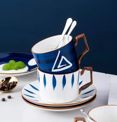 Vista 7 de Jusalpha Estilo japonés impreso a mano - Taza de té de porcelana fina de 7 onzas/taza de café con cuchara y bandeja/platillo, vajilla, porción de 4