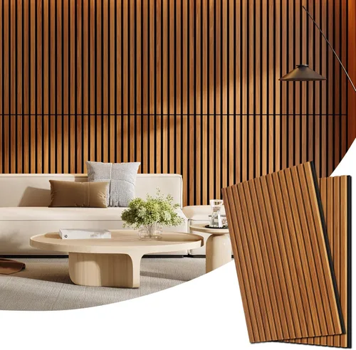 Vista 24 de Paquete de 4 paneles de madera para pared, 47.24 x 12.79 pulgadas, paneles de pared de listones de madera acústica para decoración de interiores