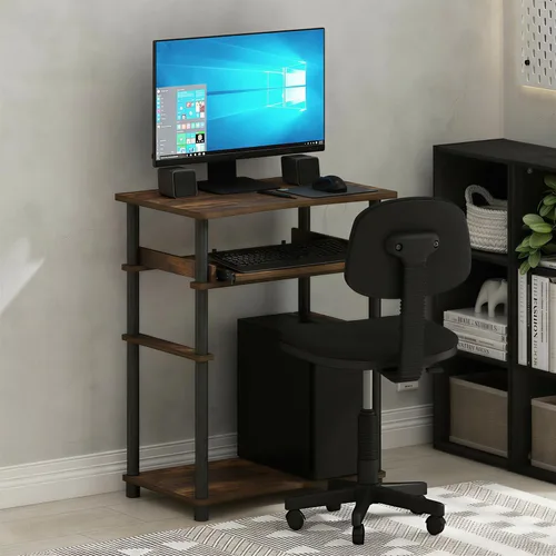 Vista 6 de Furinno Escritorio para el hogar, escritorio para juegos de 23.6 pulgadas de ancho con bandeja para teclado, estante abierto, escritorio para Ámbar