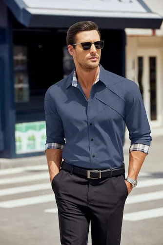 Vista 2 de COOFANDY Camisas de vestir de algodón para hombre, manga larga, cuello a cuadros, ajuste delgado, casual, con botones