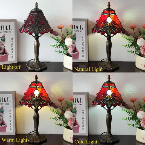 Vista 2 de Tiffany - Lámpara de mesa con perlas rojas, estilo barroco, vitral, luz de escritorio, pequeña lámpara de noche estilo Tiffany con bombilla LED