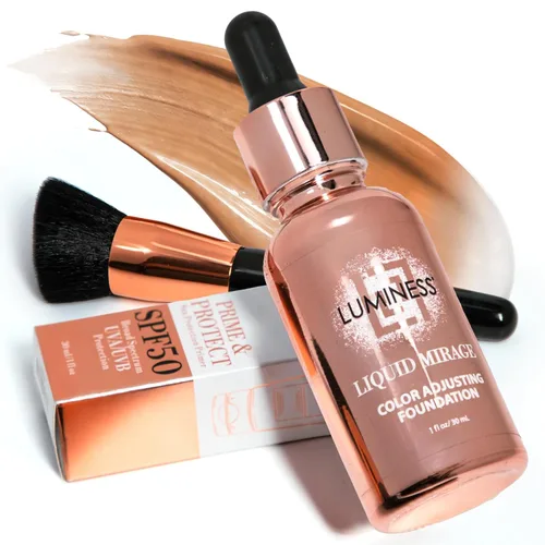 Vista 11 de LUMINESS Kit de 3 piezas Liquid Mirage - Base con cambio de color con SPF 50, pincel de maquillaje y primer hidratante y ligero para el rostro, base