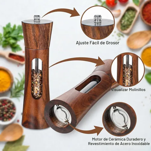 Vista 3 de Juego de molinillo de sal y pimienta de madera, molinillo de sal y pimienta de madera recargable manual de 8 pulgadas con cepillo, bandeja