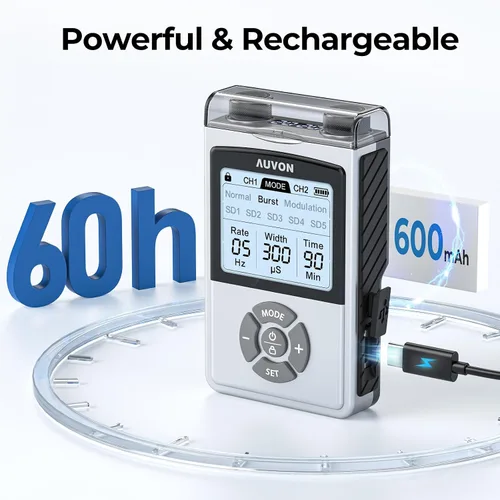 Vista 12 de AUVON - Unidad TENS Digital Recargable, Estimulador Muscular con Batería de 600 mAh, Máquina TENS con 8 Modos Personalizables, Masajeador Eléctrico