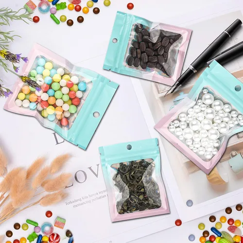 Vista 6 de 100 bolsas holográficas de Mylar degradadas con ventana transparente, bolsa con cremallera resellable, bolsas de muestras de embalaje para fiestas
