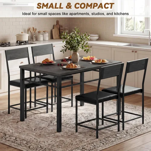 Vista 7 de Juego de mesa de comedor para 4, juego de mesa de cocina y sillas de 5 piezas, mesa de comedor rectangular de madera con marco de metal y tablero