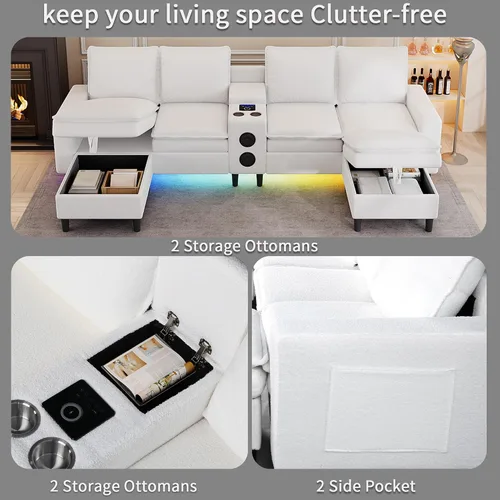 Vista 6 de Sofás seccionales para sala de estar, sofá modular de 4 asientos con módulo inteligente, altavoz Bluetooth, luz RGB, estación de carga, sofá de nube