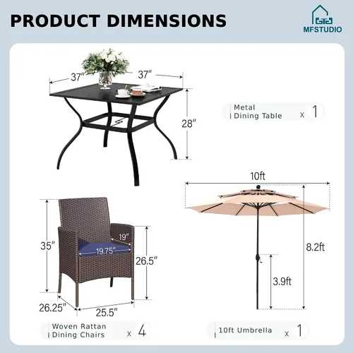 Vista 8 de MFSTUDIO Juego de comedor al aire libre para 4, juegos de comedor de 5 piezas, mesa de patio y sillas para 4 con paraguas, juego de muebles de Beige