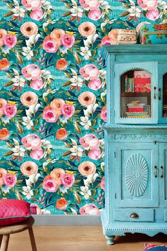 Vista 4 de HAOKHOME Papel tapiz floral para despegar y pegar, verde azulado/rosa, extraíble, texturizado, para decoración de dormitorio, guardería, 17.7