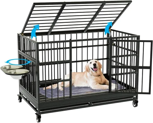 Vista 9 de Snuowu Jaula para perros de alta resistencia de 42 pulgadas con ruedas, jaula indestructible a prueba de escapes para perros grandes, extragrande