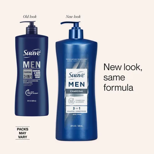 Vista 4 de Suave Men Champú 3 en 1 de limpieza profunda, acondicionador y gel de baño con polvo de carbón, desintoxica y limpia el cabello y la piel, elimina